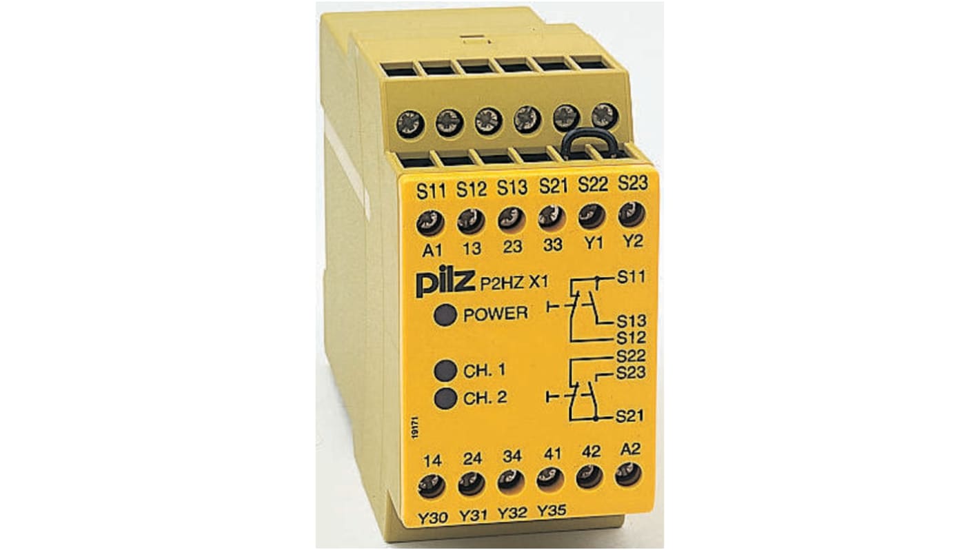 Relè di sicurezza Pilz P2HZ X1, 115V ca, 3 contatti di sicurezza, montaggio su guida DIN, dimensioni 45x121x101 mm.