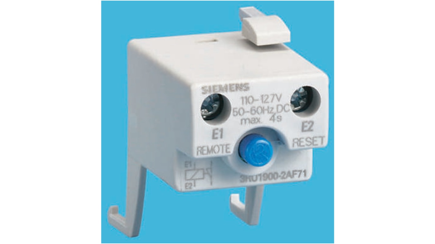 Relè di sovraccarico Siemens 3RU1900-2AM71, unità di ripristino elettrico, dimensioni 45mm x 122mm x 97mm, potenza 70 W.