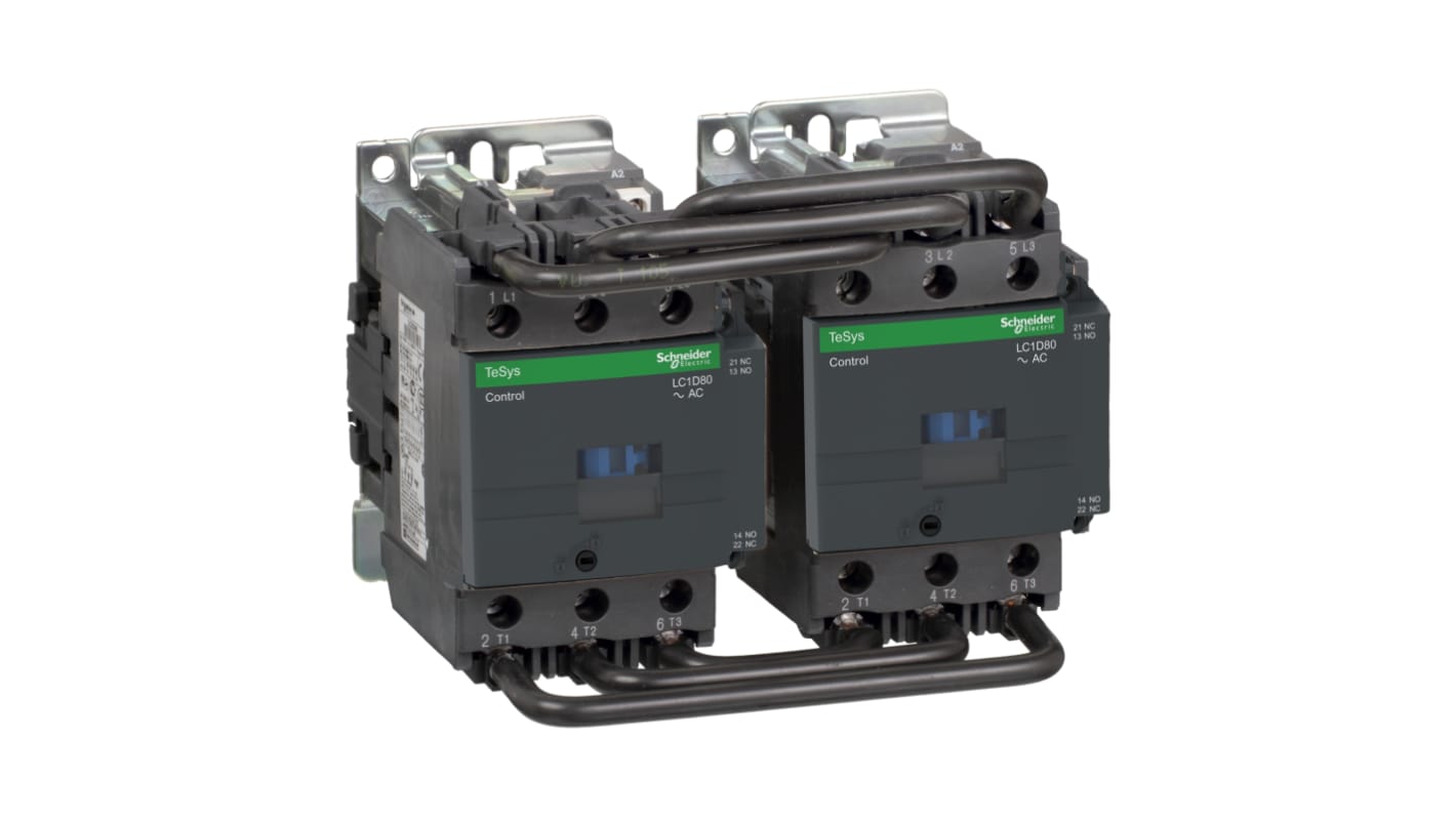 Contattore reversibile Schneider Electric LC2D80E7, 3 poli, 80 A, 48 V c.a., IP20, per applicazioni industriali.
