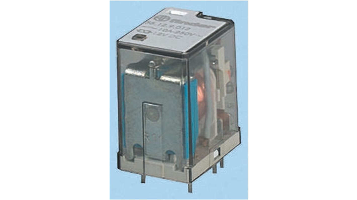 Finder 55.12.8.024.0000, relè DPDT 24V, montaggio su PCB, corrente 10A, tensione max 400V, vita meccanica 10 milioni di cicli.