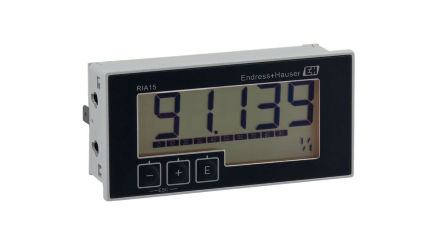Endress+Hauser RIA15-AAA2, misuratore digitale da pannello con interfaccia 4-20 mA, display LCD, dimensioni 45x92 mm.