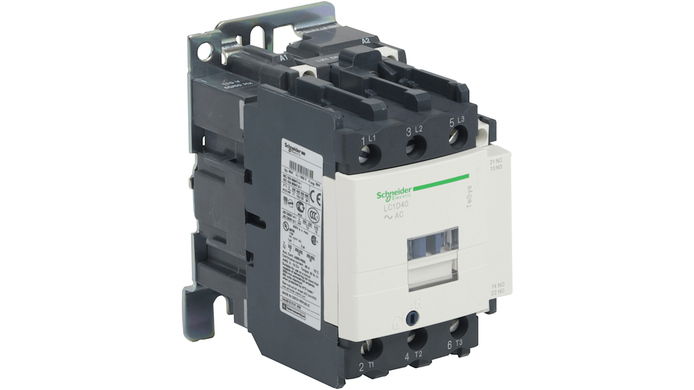 Contattore Schneider Electric LC1D40P7S335, 3 poli, 40 A, montaggio su guida DIN, bobina a basso consumo, 1 NA + 1 NC.