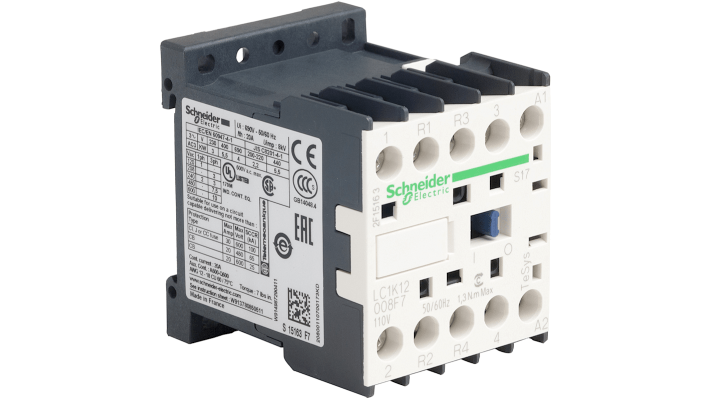 Contattore Schneider Electric LC1K12008F7S17, 2 poli, 12 A, 1 NA + 1 NC, tipo aperto, serie TeSys K.