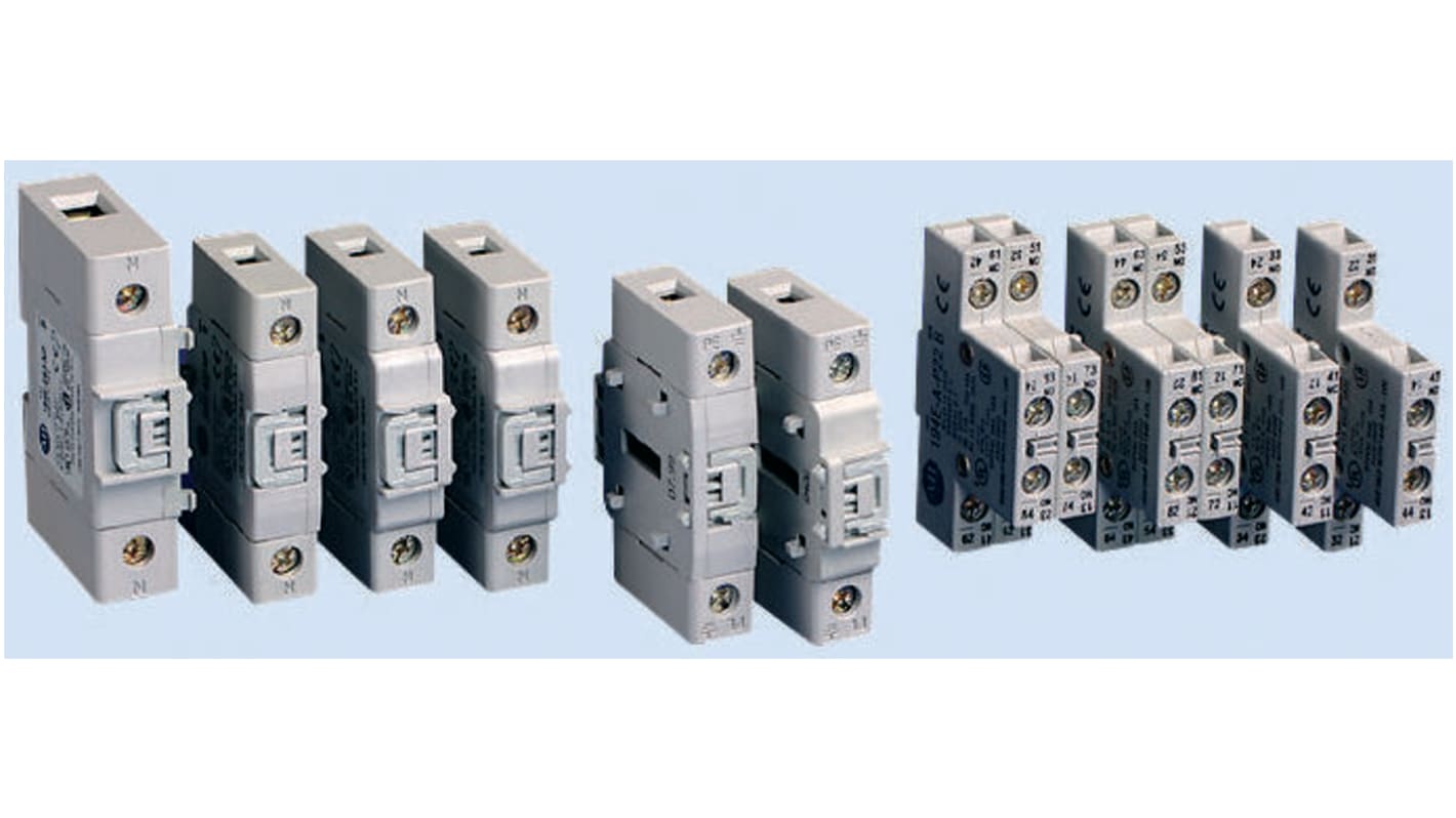 Sezionatore Allen Bradley 194E-A25-NP con contatto ausiliario neutro e 4° polo. Tensione d'isolamento 690V, corrente nominale 6A. Design compatto e riciclabile.