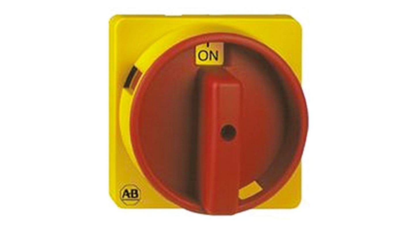 Manopola rotante Allen Bradley 194L-HE8N-175 per sezionatori Serie 194E, colore rosso/giallo, IP66, dimensioni 67 x 67 mm.