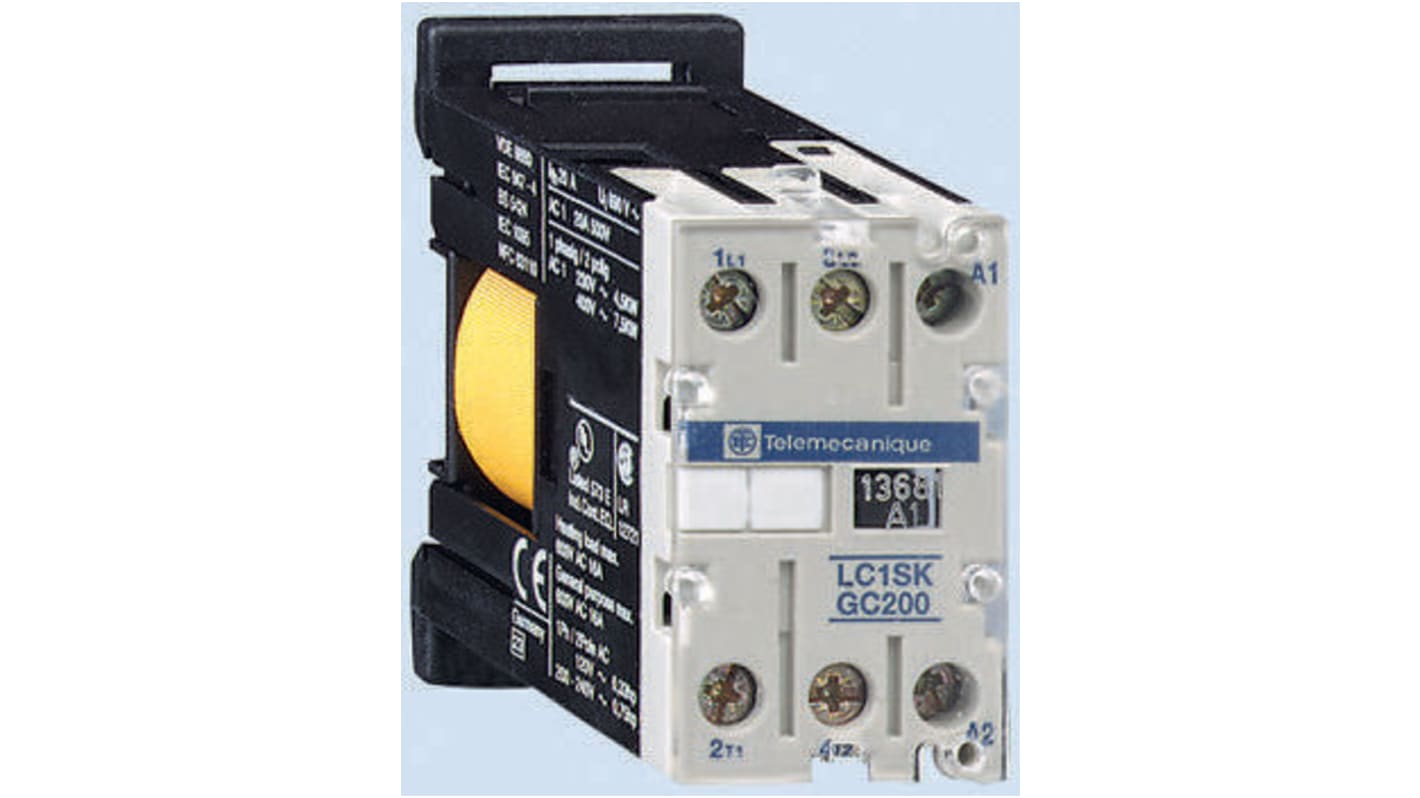 Contattore Schneider Electric LC1SK0600F7, 2 poli, 6 A, bobina 110 V c.a., montaggio su guida DIN, dimensioni 27x56x55.5 mm.