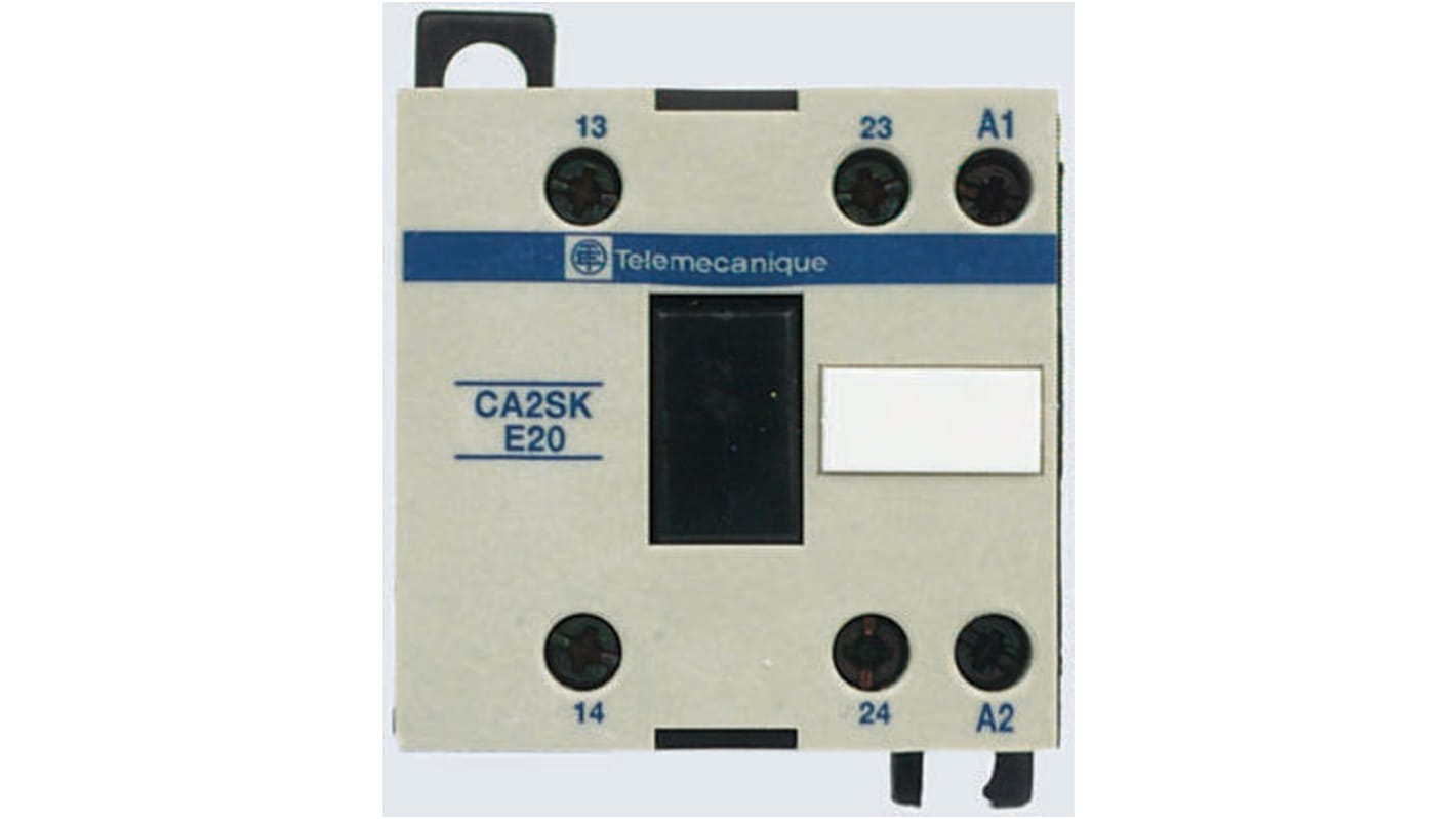 Relè di controllo Schneider Electric CA2SKE20F7, 10 A, contatti alternati, montaggio su guida DIN, dimensioni 58x45x68 mm.
