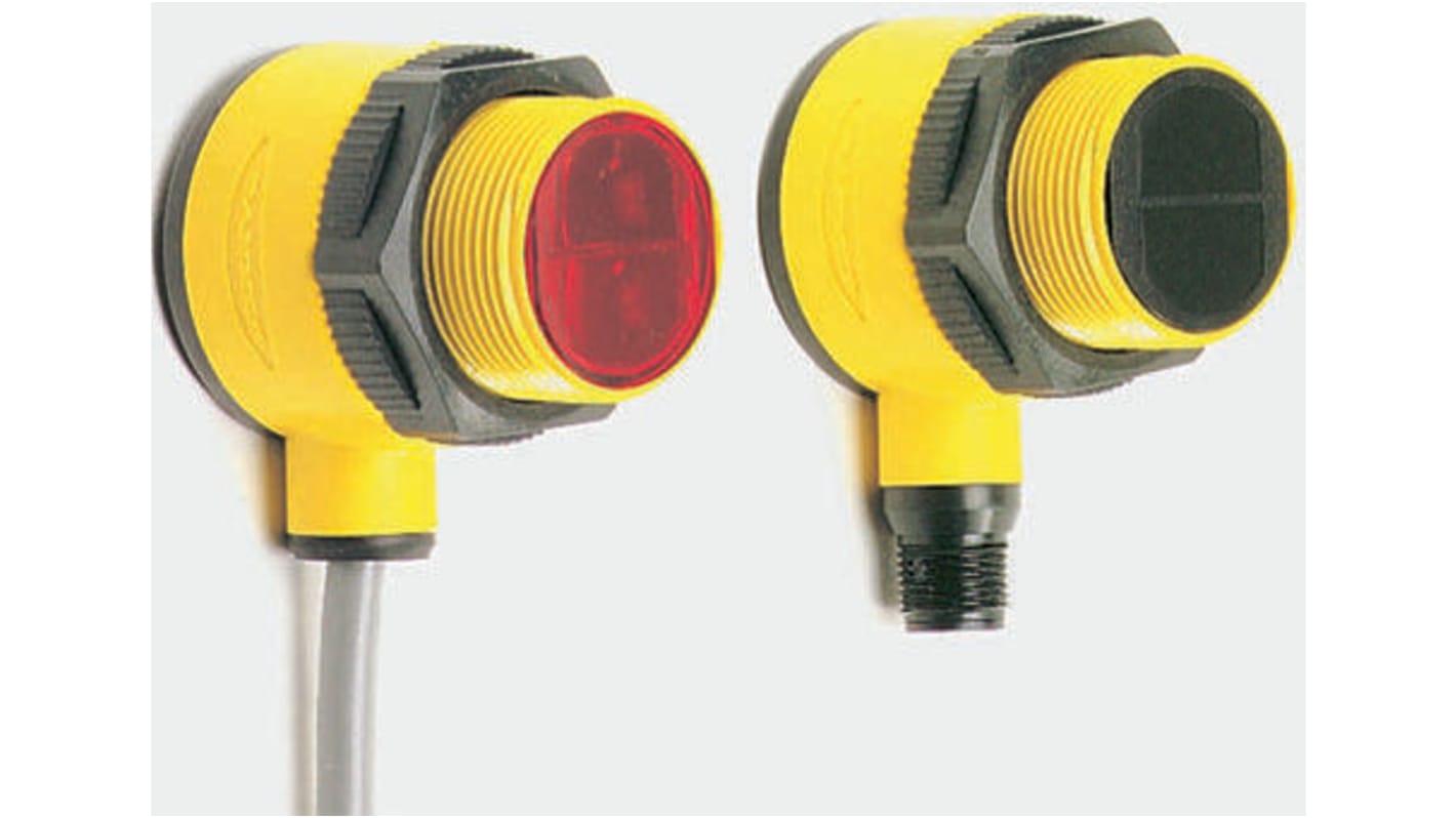 Sensore fotoelettrico cilindrico Banner T18AW3LP a retroriflessione, rilevamento fino a 2 m, IP69K, per spazi ristretti.