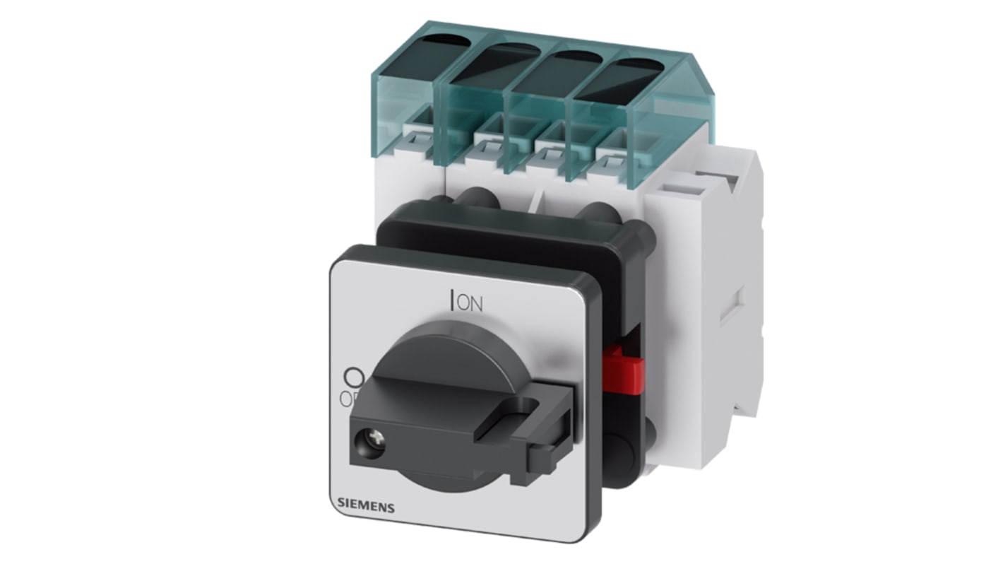 Interruttore di isolamento Siemens 3LD3450-1TL11, 3 poli, IP65, 63A, montaggio su guida DIN, azionamento rotante.