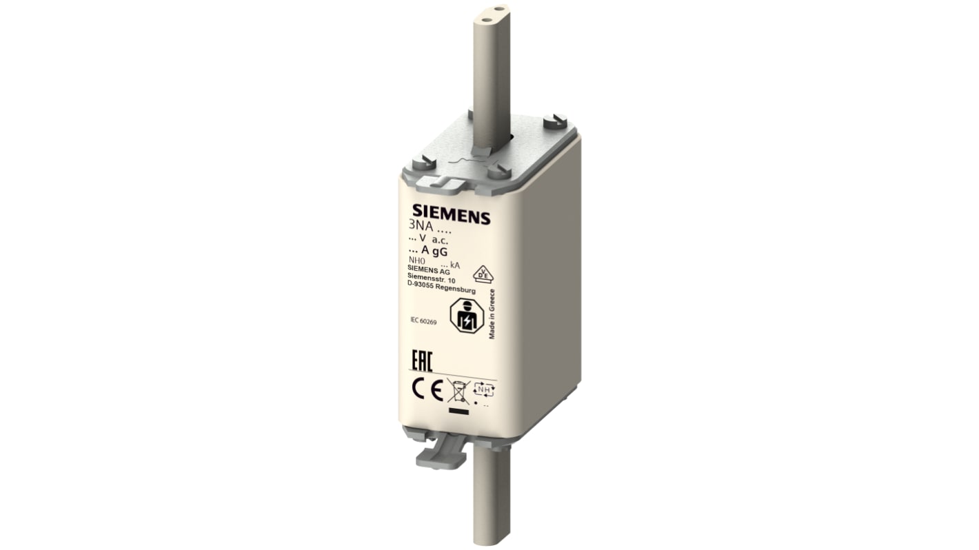 Fusibile NH Siemens 6A, per protezione impianti, tensione 440-500V, attacchi sotto tensione, indicatore anteriore.