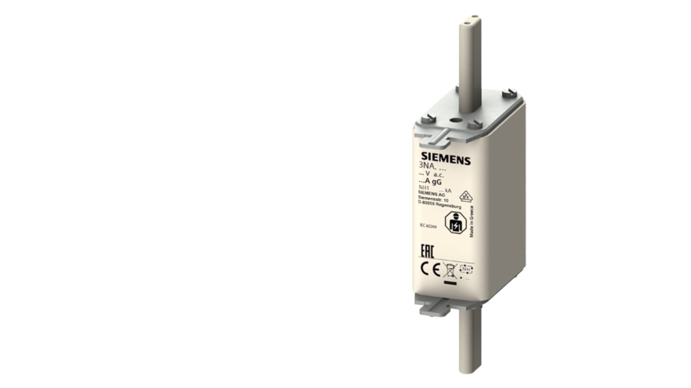 Fusibile NH Siemens 20A, classe NH1, per protezione impianti, tensione 440-500V, con alette per impugnatura e indicatore.