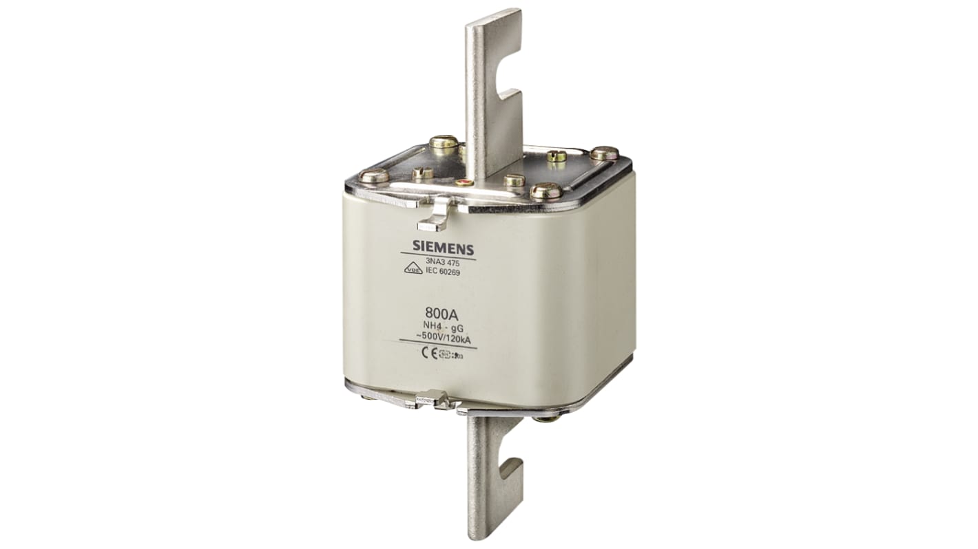 Fusibile NH4 Siemens 800A, per protezione impianti, tensione 400-500V, attacchi sotto tensione, indicatore anteriore.