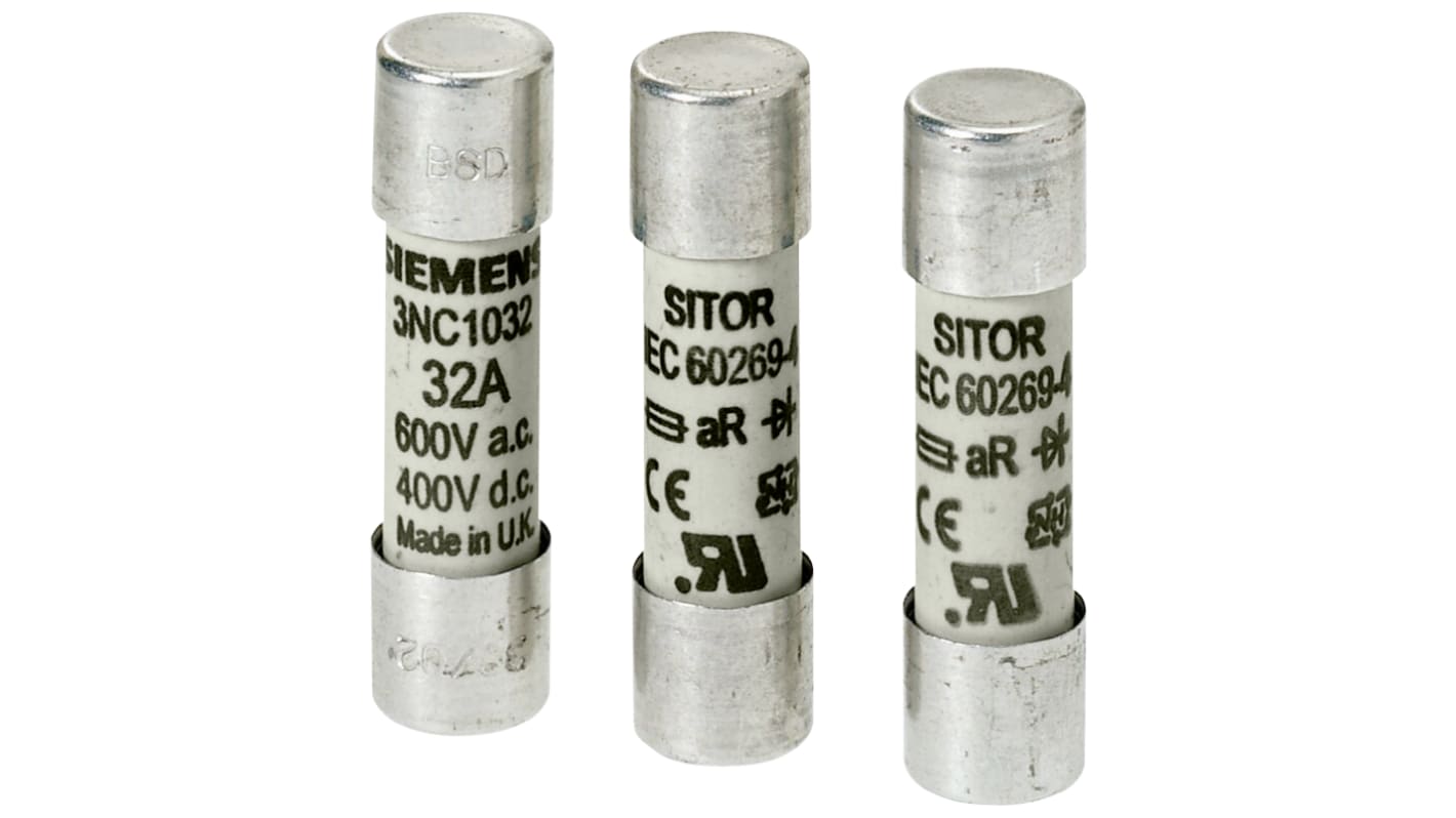 Fusibile a cartuccia Siemens 3NC2225, 25A, Ø 22x58mm, per protezione semiconduttori, approvato IEC e UL.