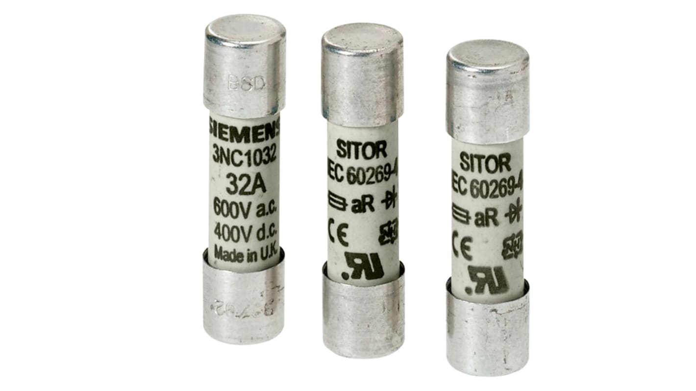 Fusibile a cartuccia Siemens 63A, Ø 22x58mm, per protezione semiconduttori, approvato IEC e UL.