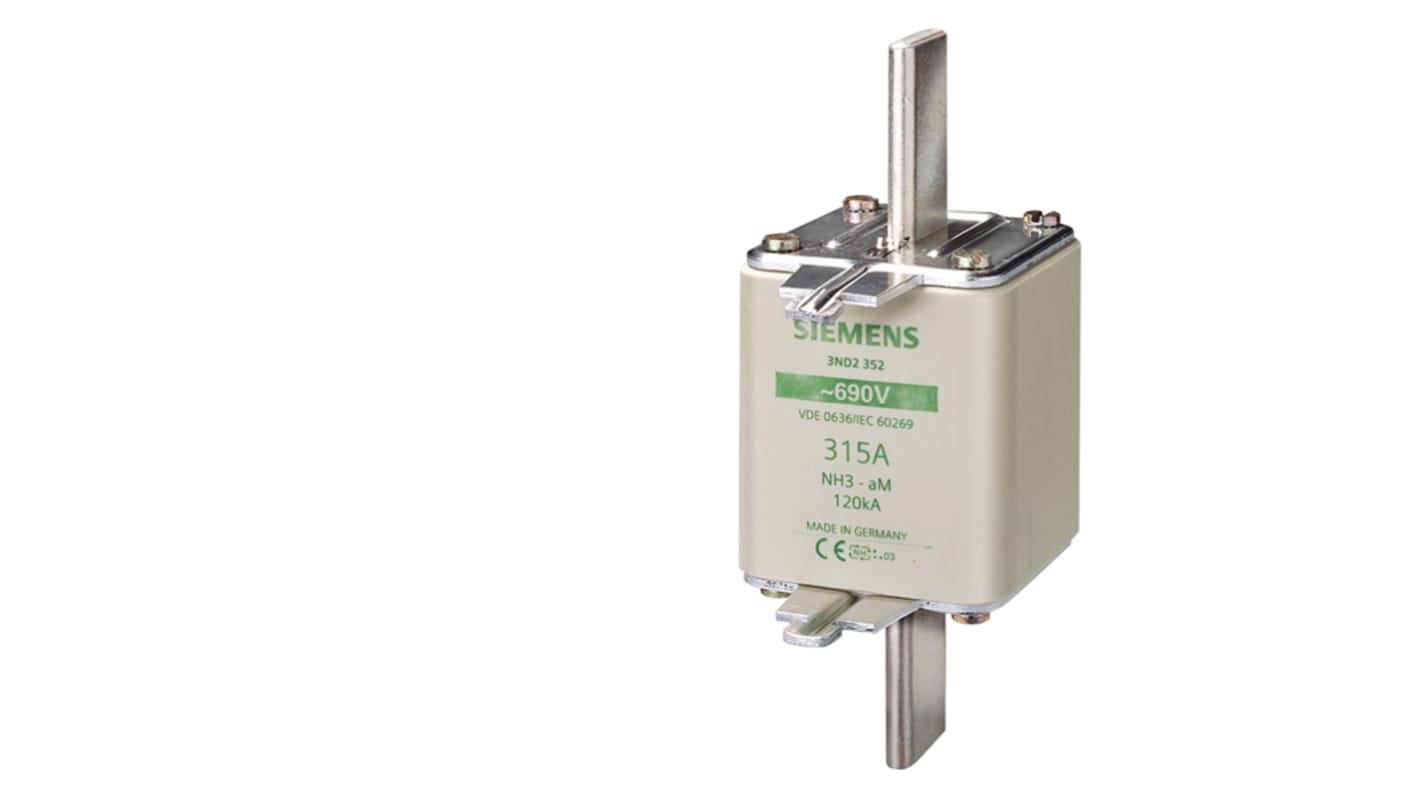 Fusibile NH Siemens 3ND1372, 630A, 690/440V, con alette per impugnatura e indicatore anteriore.