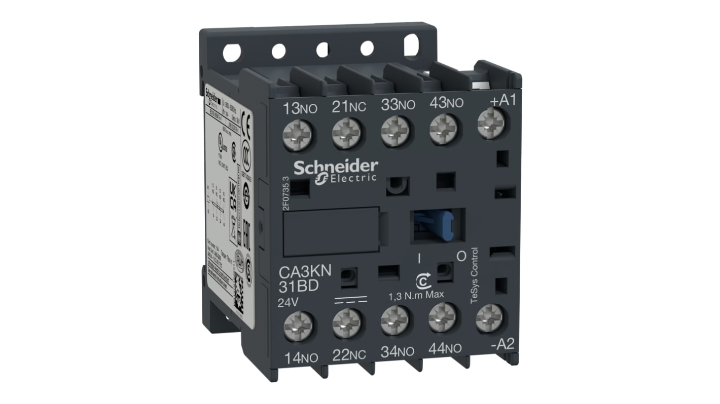 Contattore reversibile Schneider Electric CA3KN31BD, 3NO + 1NC, 10 A, bobina 24 V c.c. per automazione industriale. Alta resistenza, basso consumo, ideale per sistemi HVAC e settore minerario.