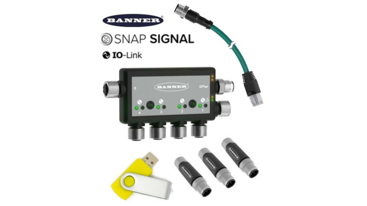 Kit IO-Link Banner DXMR90-4K, controllore con 4 porte, grado di protezione IP67, compatto e personalizzabile.
