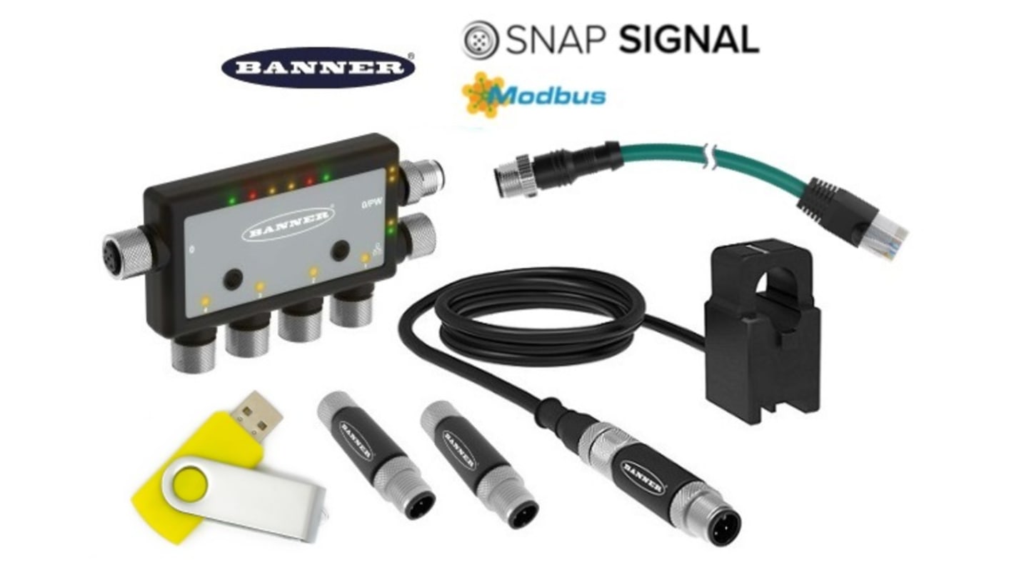 Kit Modbus Banner DXMR90-X1, controllore per IoT industriale con quattro porte master, alloggiamento IP 67, connessione Ethernet.