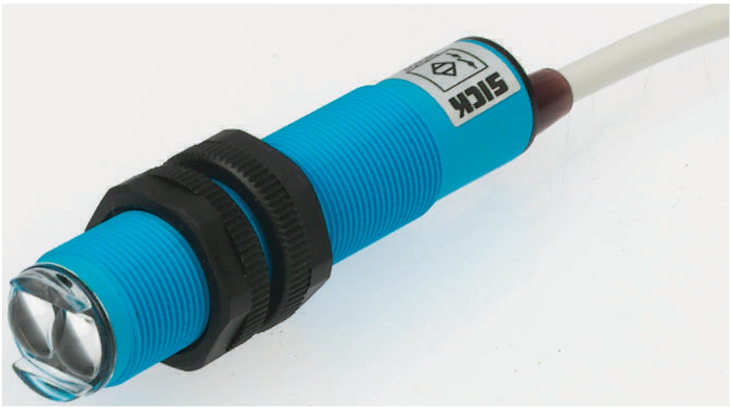 Sensore fotoelettrico cilindrico Sick VT18-2T1112, rilevamento 2-100 mm, uscita Triac, montaggio filettato, IP67.