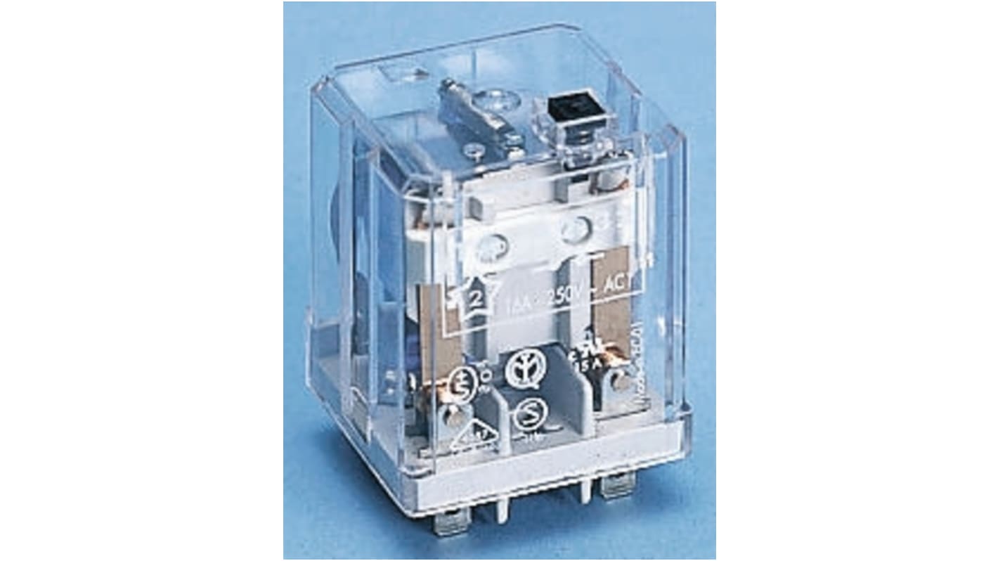 Finder 62.32.8.024.0040, relè DPDT 24V ca, 16 A, 2 contatti, dimensioni 38.2mm x 49.1mm x 35.8mm, attacco rapido.