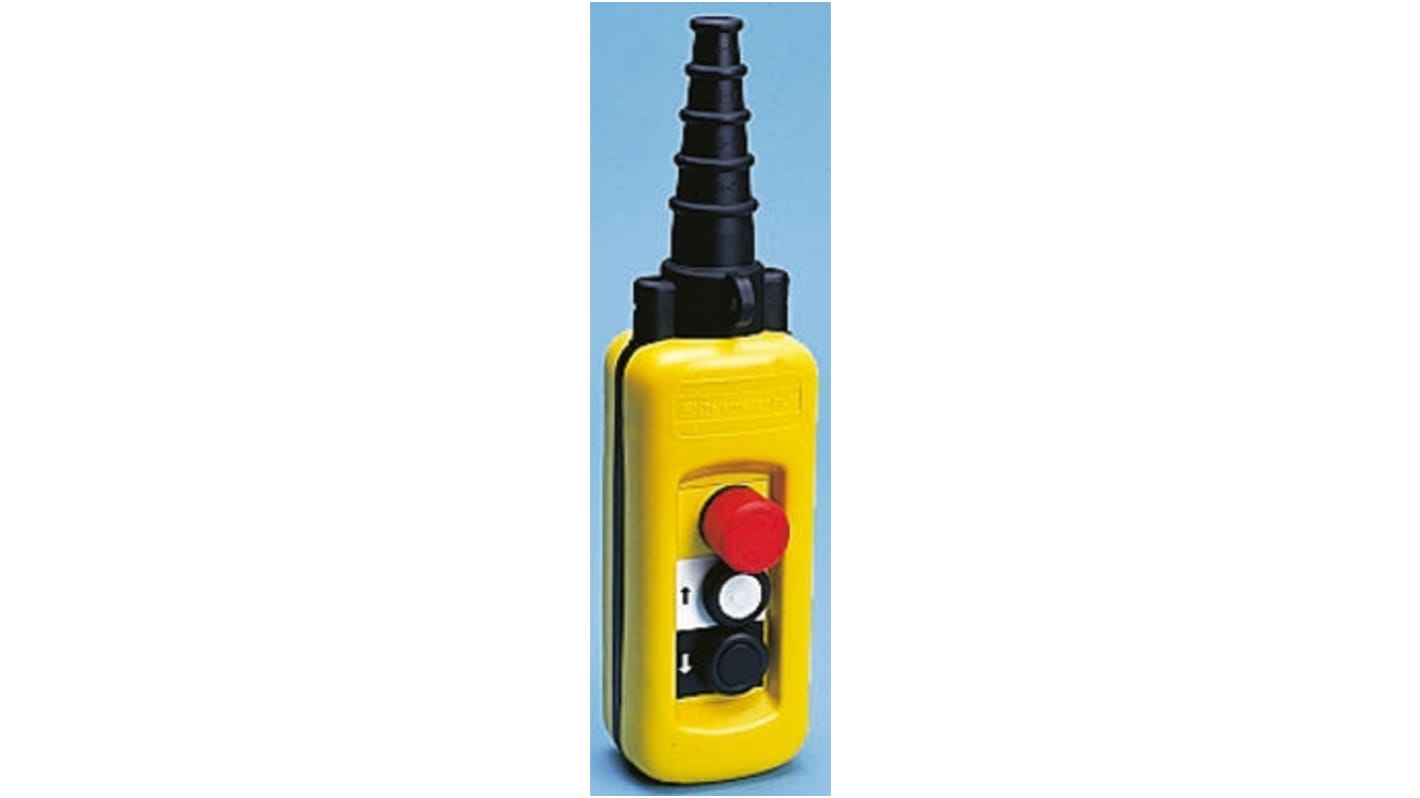 Stazione pensile a pulsante Schneider Electric XACA4813, 4 NA + 5 NC, grado di protezione IP65, temperatura operativa -25/+70 °C. Contenitore giallo con pulsanti neri, rossi e bianchi.