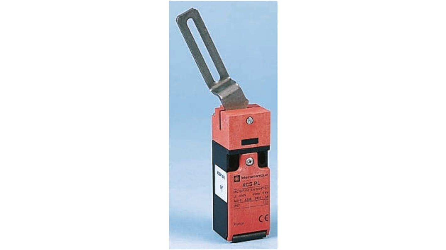 Interruttore di sicurezza a cerniera Telemecanique Sensors XCSPL561, azionamento a leva, configurazione NO/NC, corrente 6A, tensione 240V AC.