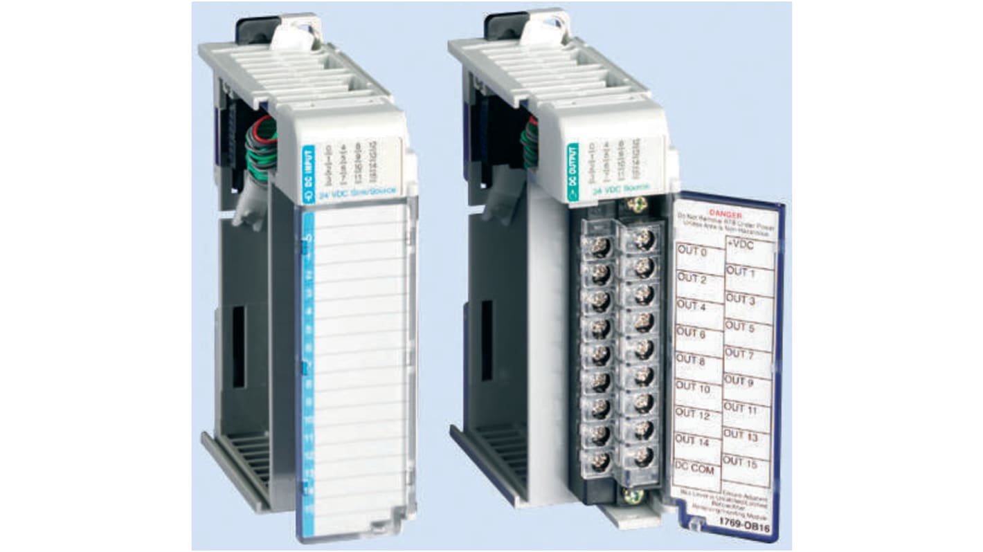 Modulo I/O Allen Bradley 1769-OW8, 8 uscite relè digitali, montaggio su guida DIN, dimensioni 118 x 35 x 87 mm.