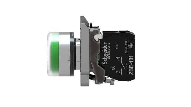 Pulsante rotondo verde Schneider Electric XB4BP31, montaggio a pannello, contatto SPST, protezione IP66/IP67, diametro 22 mm.