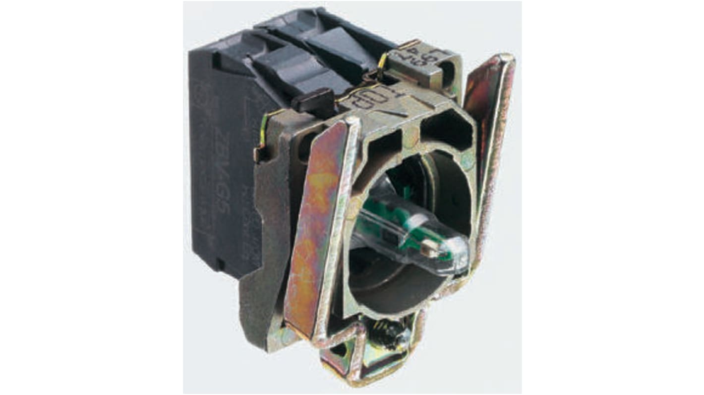 Blocco contatti luminoso Schneider Electric ZB4BW0M11, DPST LED, tensione 230-240V, corrente 10A, con supporto e terminali a vite.