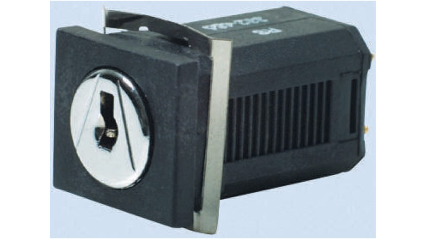 Interruttore a chiave Saia-Burgess 60013, 3 posizioni, corrente 100 mA, montaggio a clip, profondità 19,8 mm.