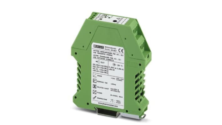 Convertitore di corrente Phoenix Contact MCR-S10, misurazione RMS fino a 50A, montaggio a telaio, dimensioni 99x22,5x114,5mm.