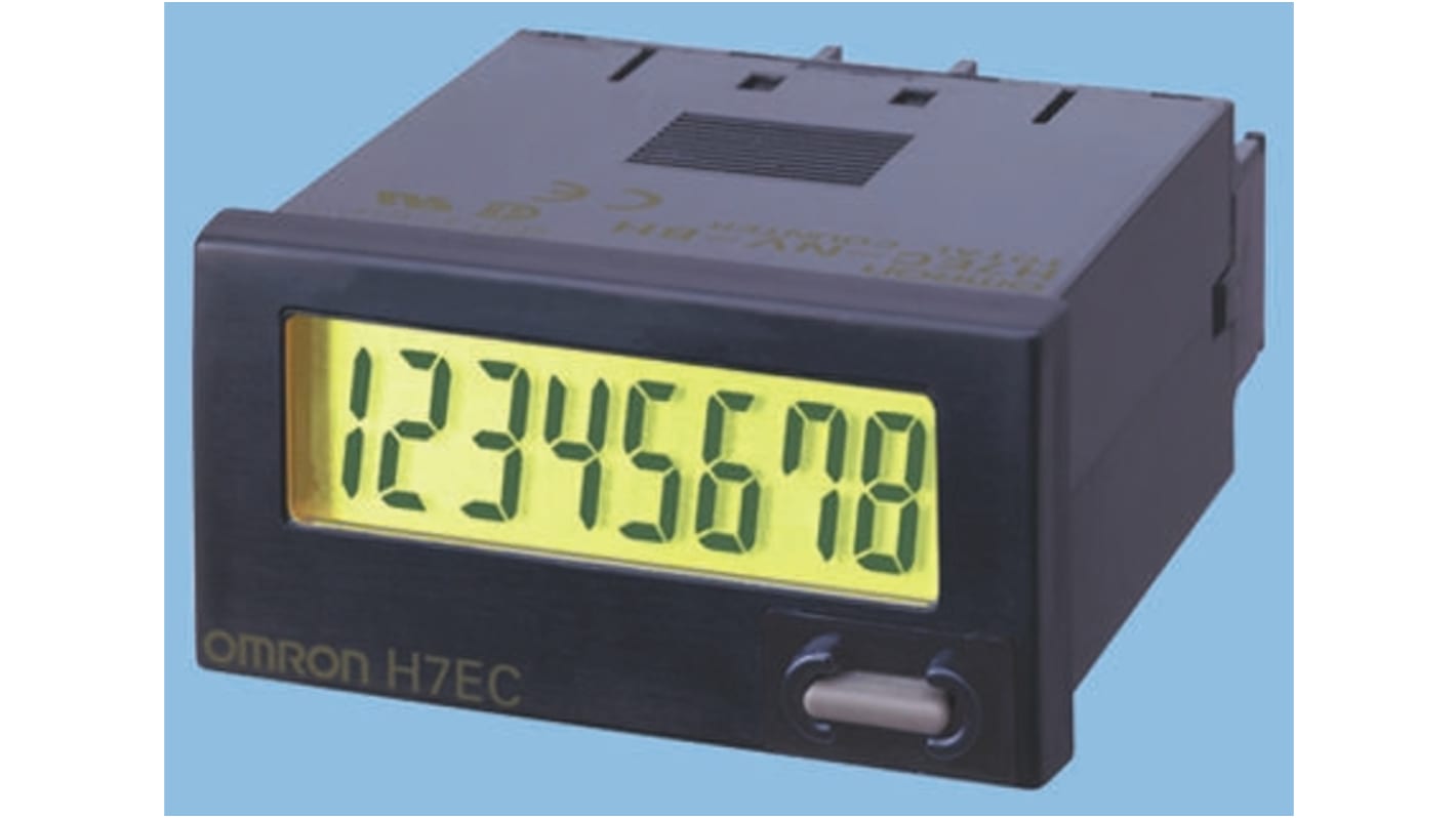 Contatore LCD 7 cifre Omron H7ET-NV1-BH, alimentazione 24 V c.c., grado di protezione IP66, intervallo 0 a 999 h 59 m 59 s.