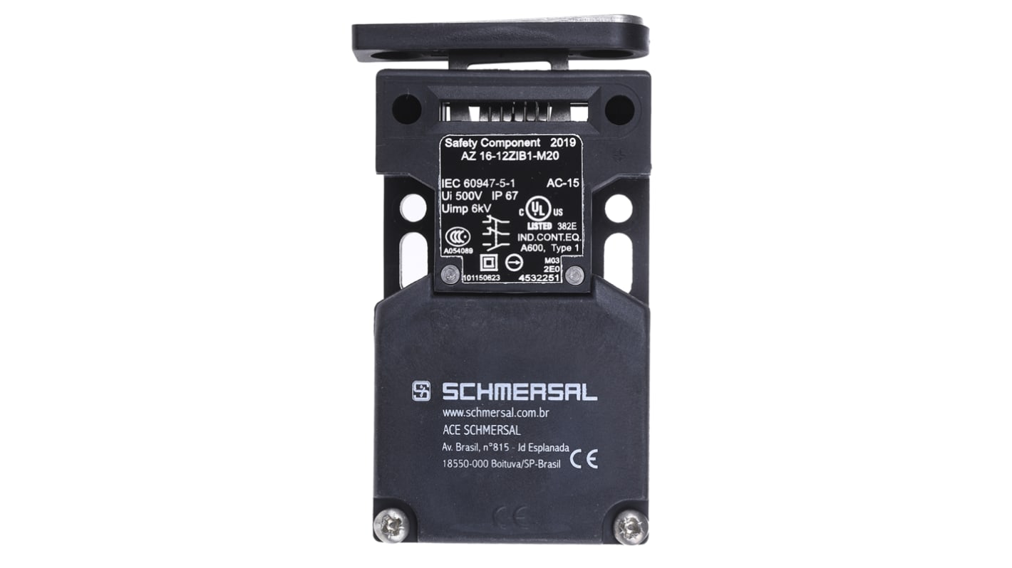 Interruttore di interblocco di sicurezza Schmersal AZ16-12ZI-B1-M20, con blocco a chiave, grado di protezione IP67, dimensioni 90mm x 52mm x 30mm.