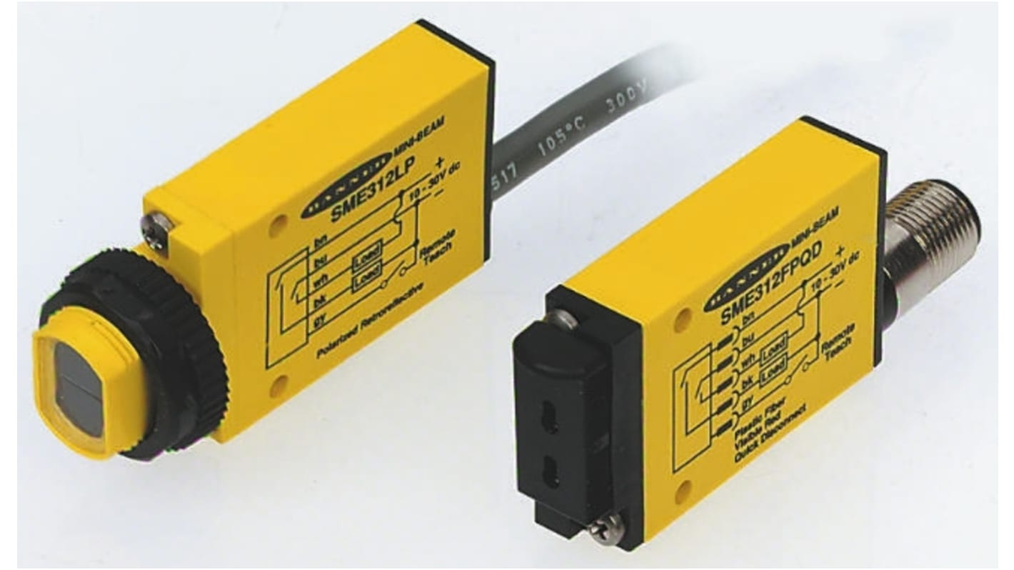 Sensore fotoelettrico rettangolare Banner SME312D, rilevamento 380 mm, uscita PNP, IP67, montaggio a vite.