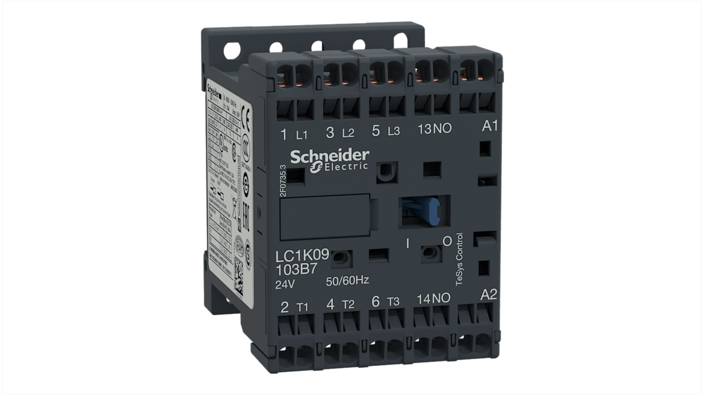 Contattore tripolare Schneider Electric LC1K09103B7, 3 poli, 3 contatti NA, 9 A, 24 V c.a., montaggio su guida DIN, dimensioni 58x45x57 mm.