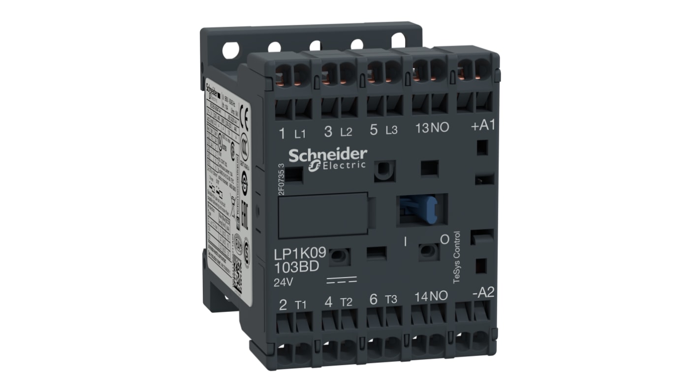 Contattore tripolare Schneider Electric LP1K09103BD, 3NO 9A 4kW 24V DC per applicazioni industriali. Morsetti a molla, resistente a vibrazioni. Conformità IEC947-4.