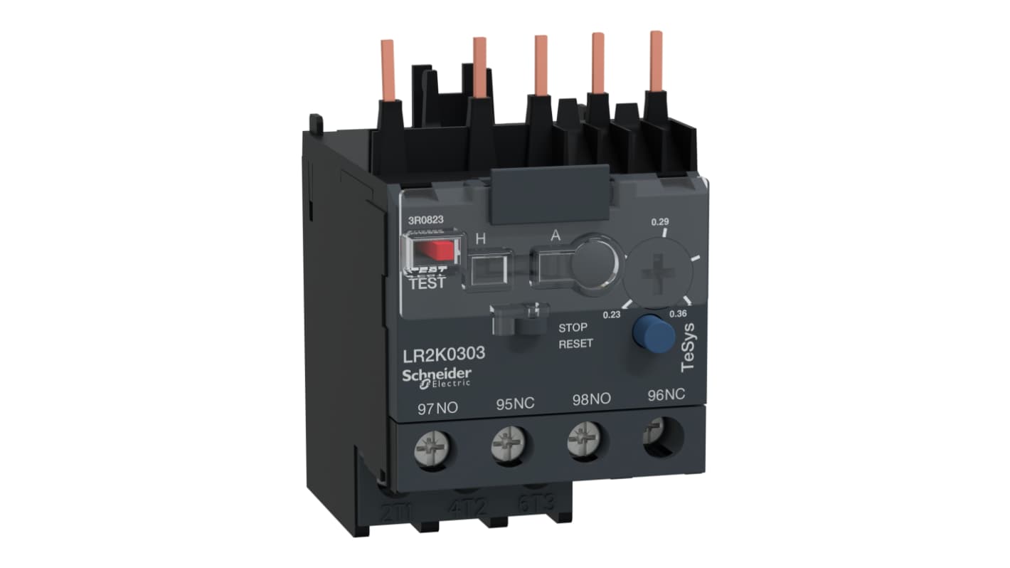 Relè di sovraccarico termico Schneider Electric LR2K0303, 1 NO + 1 NC, montaggio diretto, dimensioni 45x65x116 mm.