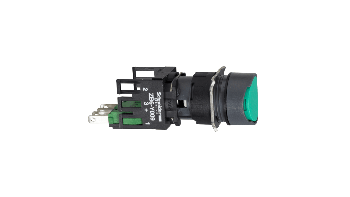 Pulsante verde SPST Schneider Electric XB6AA31B, montaggio a pannello, diametro foratura 16mm, protezione IP65.