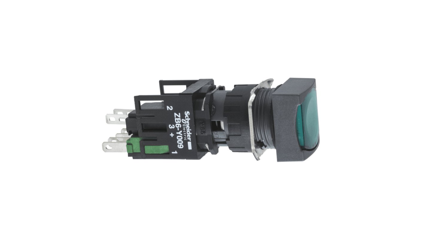 Pulsante luminoso verde Schneider Electric XB6CF3B1B, montaggio a pannello, IP65, contatto SPST, diametro foratura 16mm.