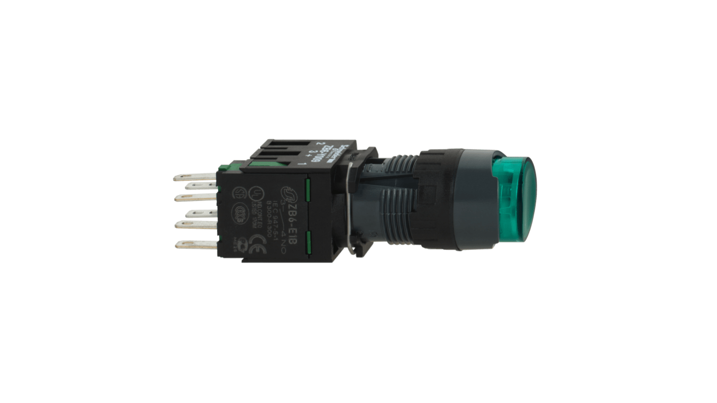 Pulsante luminoso verde Schneider Electric XB6AE3B1B, montaggio a pannello, contatto SPDT, protezione IP65, diametro foratura 16mm.