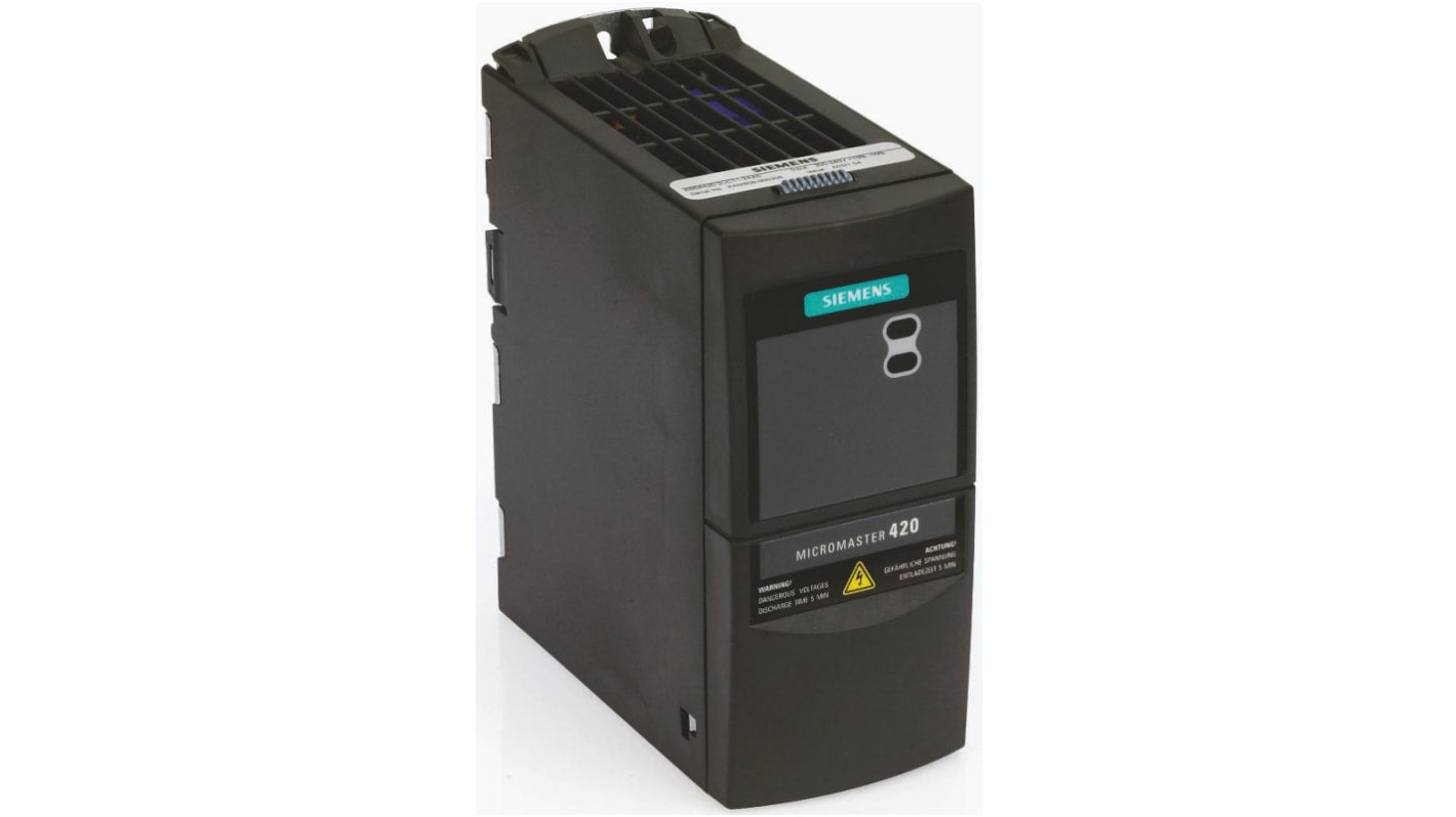 Inverter trifase Siemens 6SE6440-2AD23-0BA1, potenza 3 kW, 400 V, frequenza 0-550 Hz, dimensioni 202x172x149 mm.