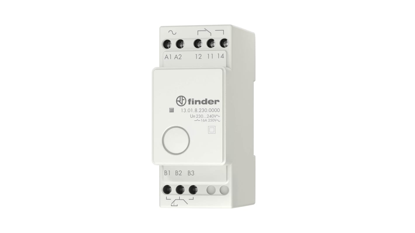 Finder 13.01.8.230.0000, relè di potenza SPDT per guida DIN, 230V, 16A, dimensioni 35mm x 54.6mm x 84mm.