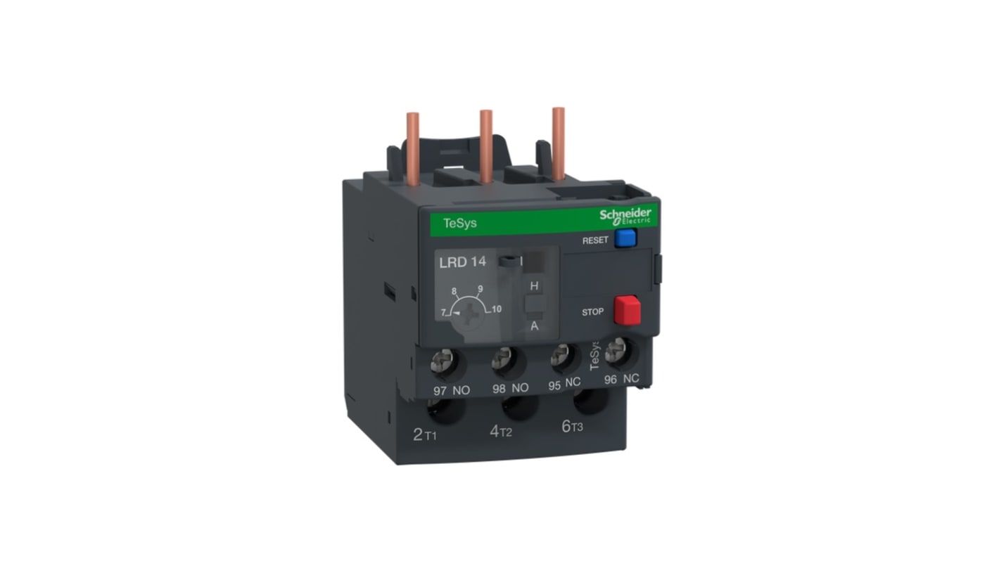 Relè di sovraccarico termico Schneider Electric LRD14, 1 NO + 1 NC, carico FLC 7-10 A. Ideale per proteggere motori industriali. Robusto design con reset manuale e automatico.