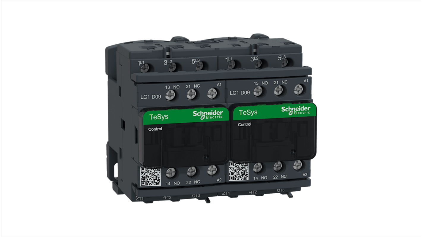 Contattore Reversibile Schneider Electric LC2D09B7, 3 poli, 9 A, 4 kW, 24 V c.a. per motori e carichi resistivi. Alta durata e affidabilità.