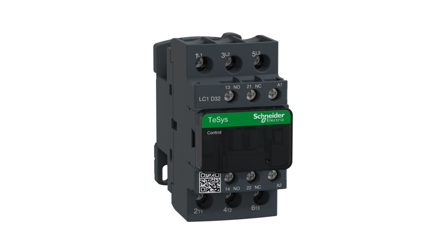 Contattore Schneider Electric LC1D32P7 tripolare 32A 15kW 230V c.a. per motori e HVAC. Connessioni sicure e lunga durata.
