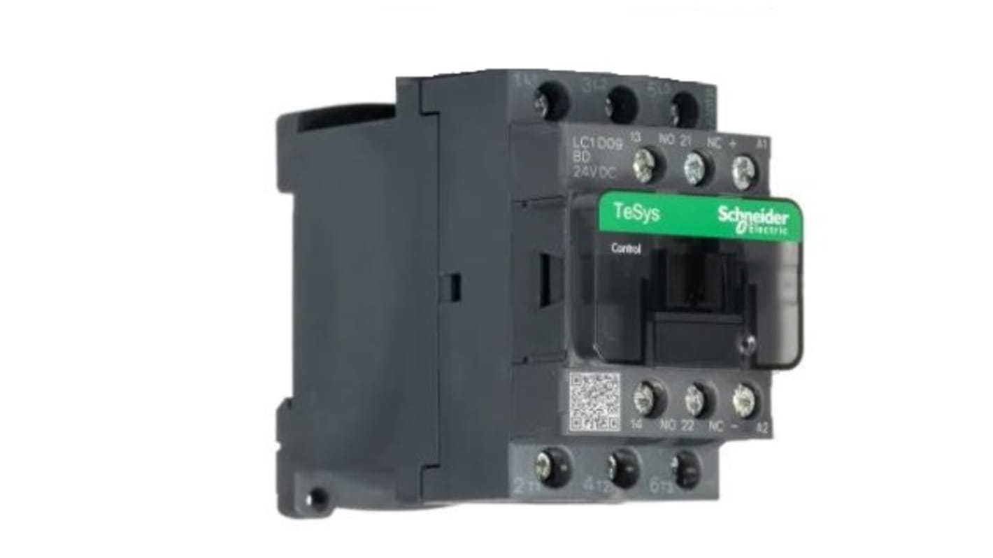 Contattore Schneider Electric LC1D09BD 3 poli 25A 4kW 24V CC - Serie TeSys Deca per controllo motori e protezione da sovratensioni. Adatto per applicazioni industriali.