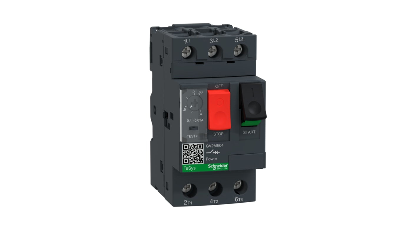 Interruttore automatico motore Schneider Electric GV2ME04, 690V 0,4-0,63A TeSys. Protezione affidabile per sovraccarichi e cortocircuiti.