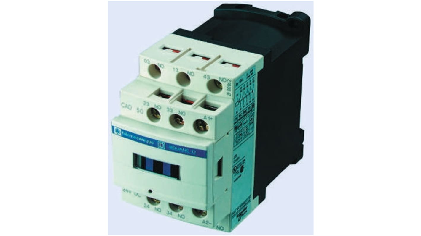 Contattore Schneider Electric CAD32MD, 3 poli NA + 2NC, 10 A, 690 V c.c., dimensioni 45x99x95 mm, montaggio a vite.