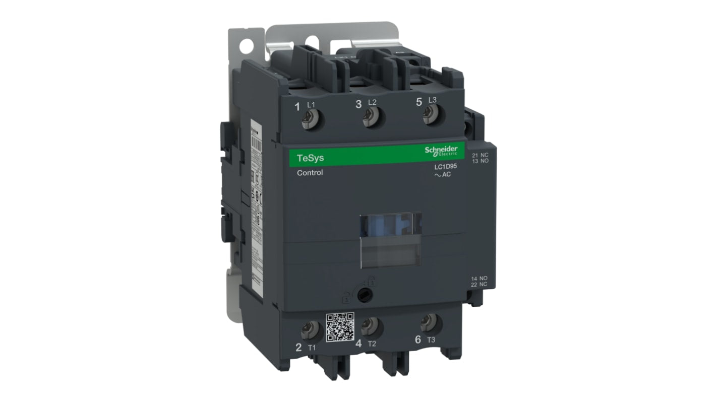 Contattore Schneider Electric LC1D95P7 3 poli 95A 45kW 230V c.a. per applicazioni industriali. Resistente, affidabile e adatto a motori.