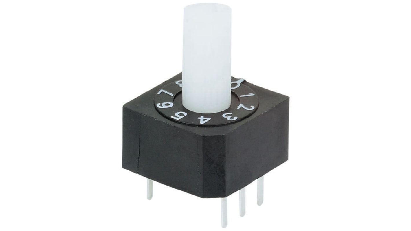 Interruttore DIP rotante Omron A6A-10RS, 10 posizioni, montaggio a foro passante, grado di protezione IP64, corrente 100 mA.